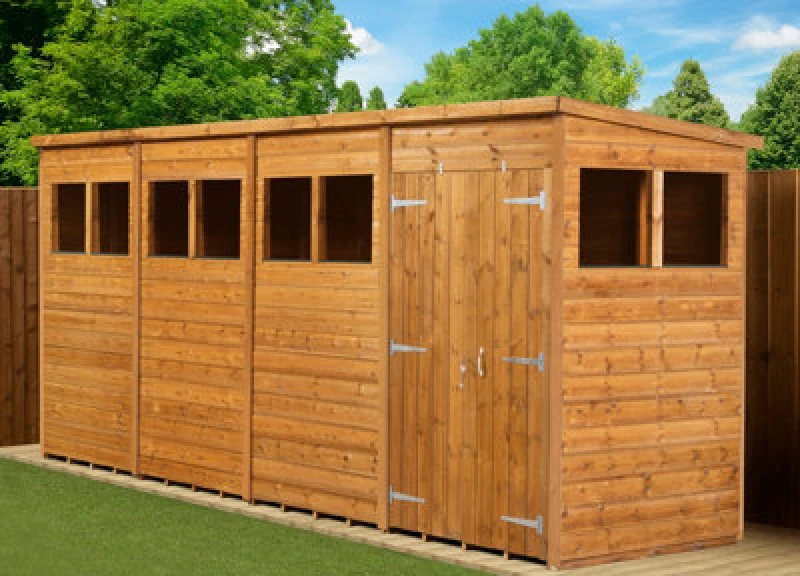 Image of Empire Sheds Empire Modular Pent 16X4 Dipped Treated Tongue And Groove Wooden Garden Shed Double Door Windows (16' X 4' / 16ft X 4ft) (16X4)