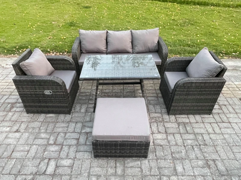 Image of Fimous Rattan Wicker Garden Furniture Patio Conservatory Sofa Set with Dining Table Reclining Chair 3 Seater Sofa Dark Grey