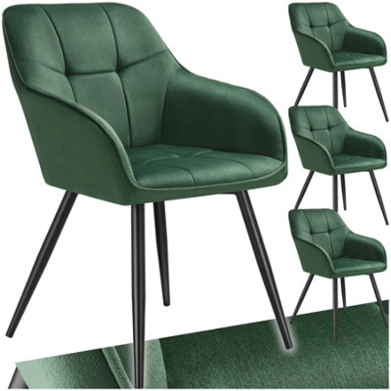 Image of Tectake Set Of 4 Dining Chair Marilyn - Velvet Look, Quilted Pattern - Dark Green / Black