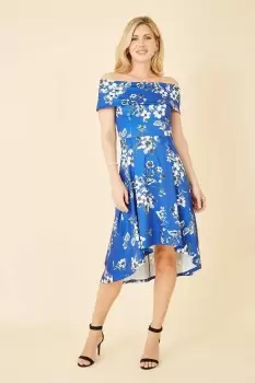 Image of Blue Floral Bardot Dipped Hem Dress