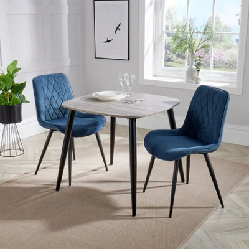 Image of Core Products Aspen Grey Oak Effect 80Cm Square Dining Table With 2 Blue Cord Fabric Diamond Stitch Design Chairs