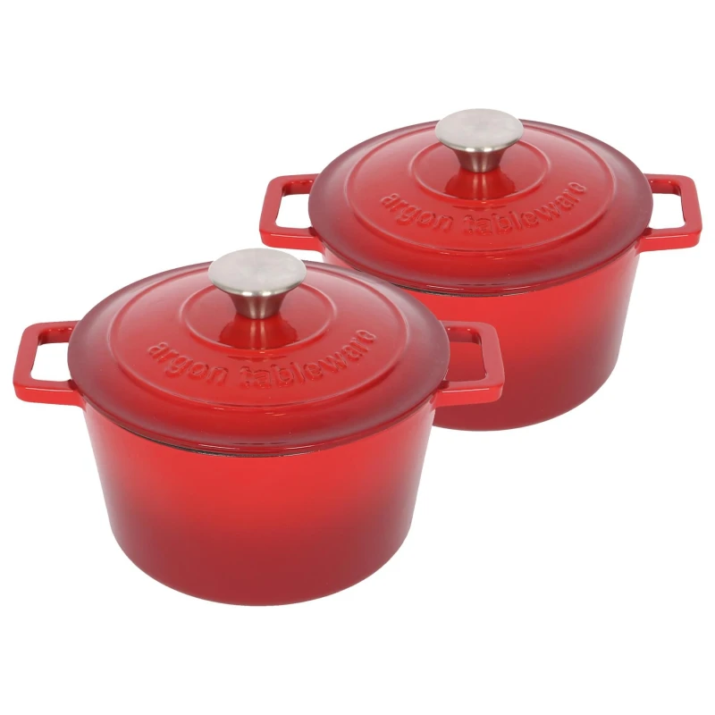 Image of Argon Tableware 2x Round Cast Iron Casserole Dishes with Self Basting Lid - 2.8L in Red Red Unisex