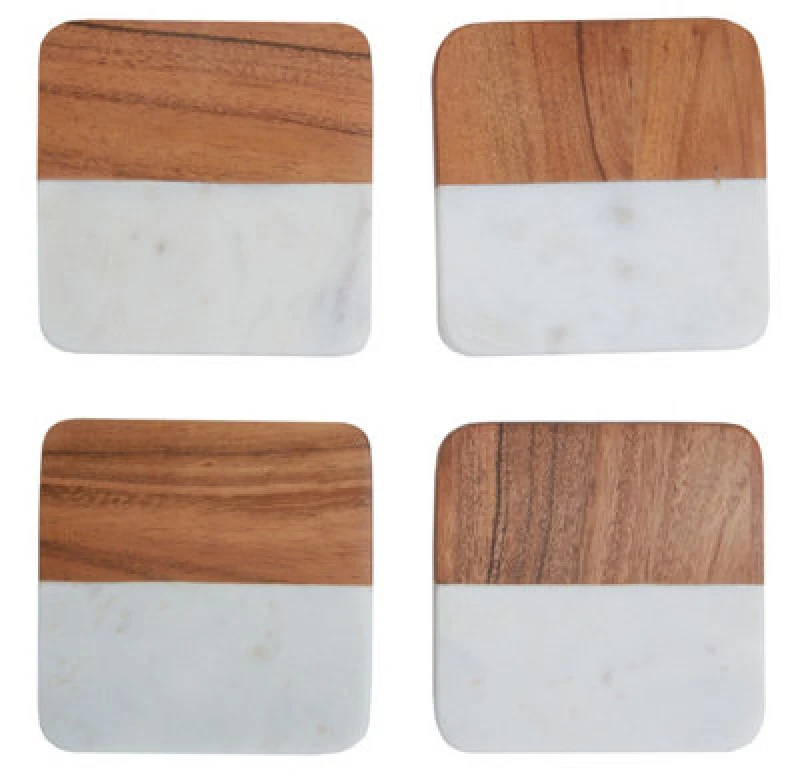Image of Orsina Set Of Four Marble And Acacia Wood Coasters, Durable Natural Stone And Wood Coasters