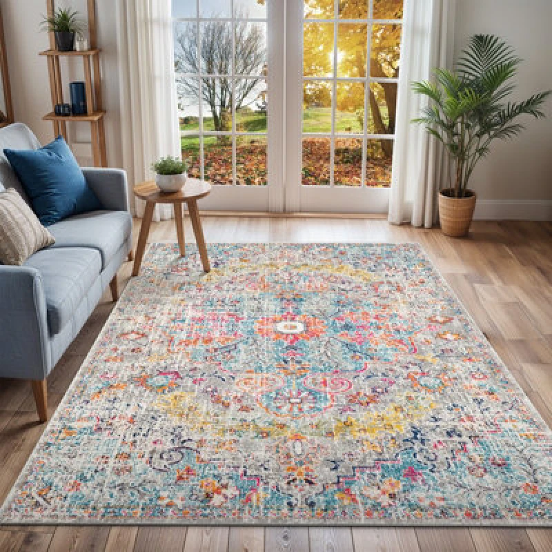 Image of Livabliss Vintage Oriental Boho Teal/beige Lou Area Rug 200 X 275cm - Easy Care, Non Shedding, Ideal For Living Room & Bedroom