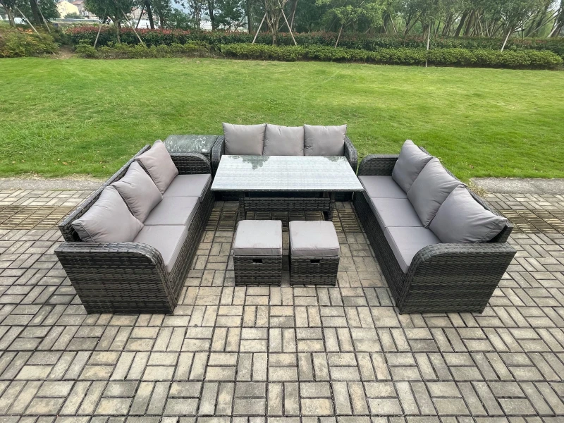 Image of Fimous Patio Rattan Garden Furniture Set with Oblong Rectangular Dining Table 2 Small Footstools Side Table 11 Seater Outdoor Lounge Sofa Set Dark Gre