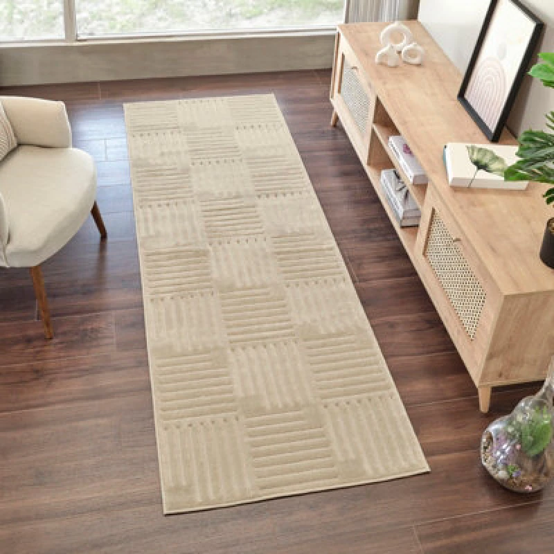 Image of Livabliss In- & Outdoor 3D High & Low Pile Textured Beige Midori Runner Rug 80 X 230 Cm - Easy Care, Ideal For Hallway Or Beside The Bed