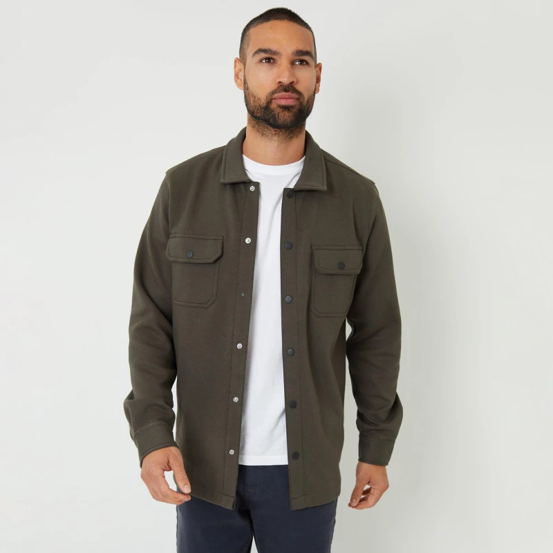 Image of Threadbare Cotton Blend Popper Fastening Pique Shacket - Green Green L