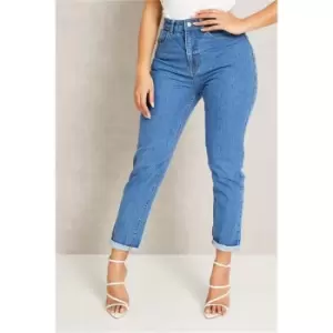 Image of I Saw It First Mid Wash Roll Hem Mom Jeans - Blue