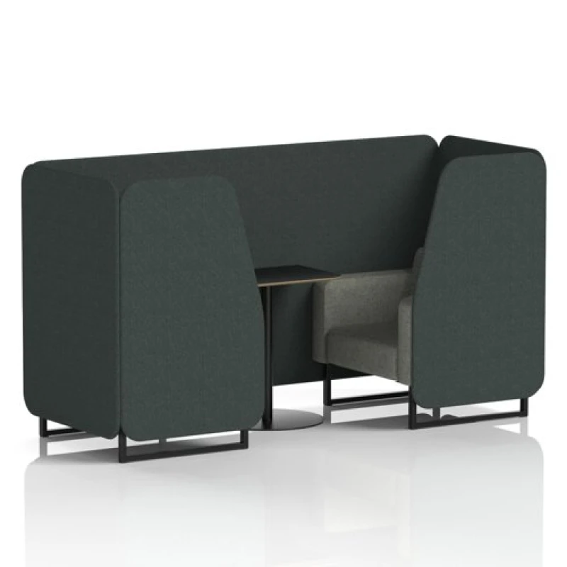 Image of Brixworth 2 Seater Office Booth with Front Panel - Black Legs and Black Table with Black Leg in Rivet Fabric - Charcoal Panels and Vitreous Sofa
