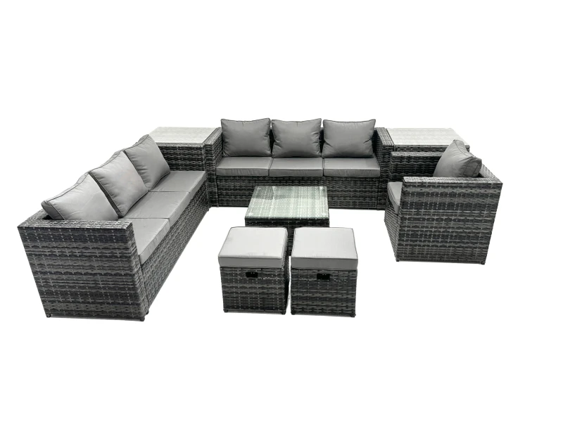 Image of Fimous 9-seater Patio Coffee Table Sofa Set with 2 Side Tables 2 Small Stools in Dark Grey Dark Grey Unisex
