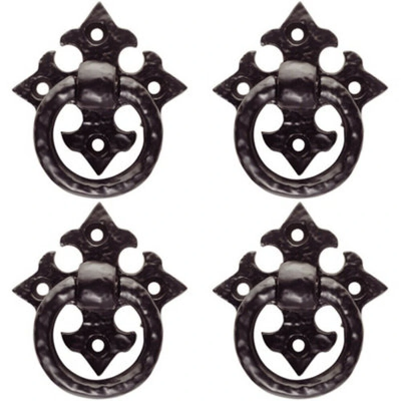 Image of Loops 4x Ornate Cabinet Ring Pull on Cross Backplate 35mm Fixing Centres Black Antique Black
