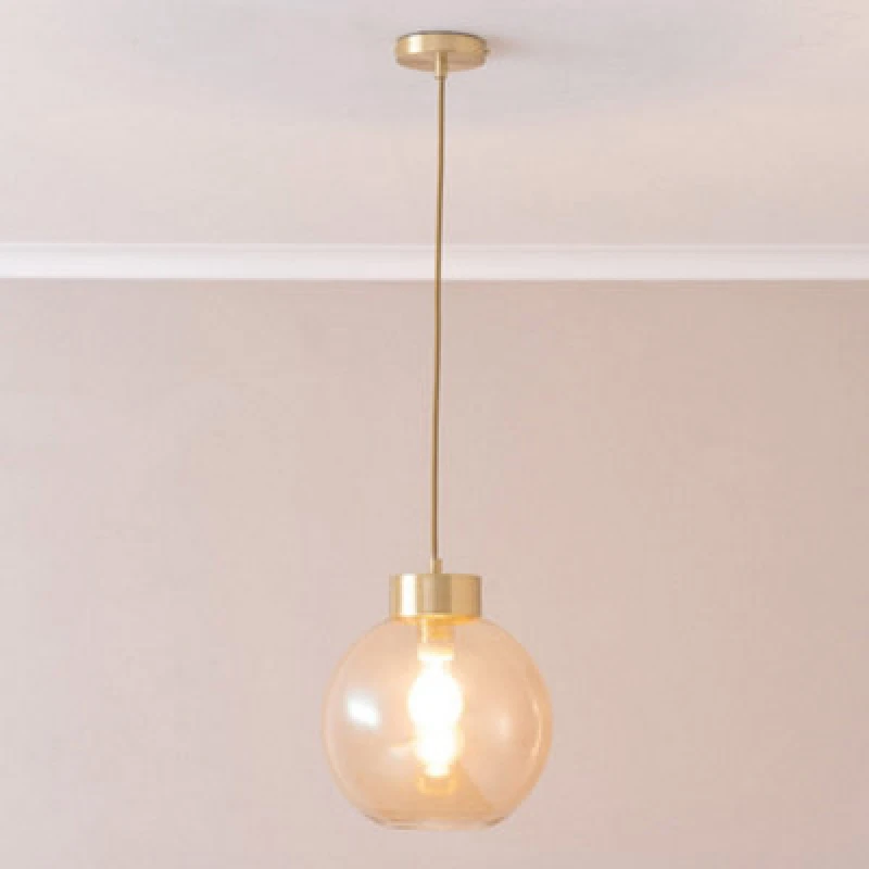 Image of ValueLights ValueLights Bellamy Amber Glass Globe Brushed Gold Cap Ceiling Pendant Light with LED Bulb Amber One Size Unisex 5059406063596