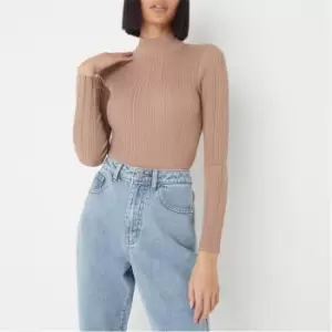 Image of Missguided High Neck Rib Knit Bodysuit - Brown