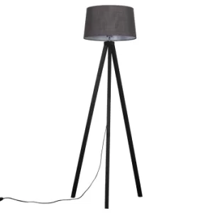 Image of Barbro Dark Wood Tripod Floor Lamp with Dark Grey Doretta Shade
