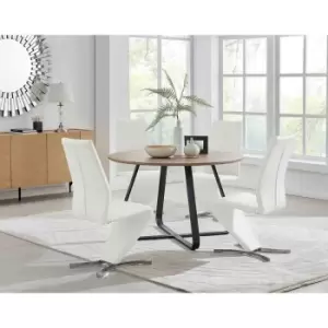 Image of Furniture Box Santorini Brown Wood Contemporary Round Dining Table and 4 White Willow Chairs Set