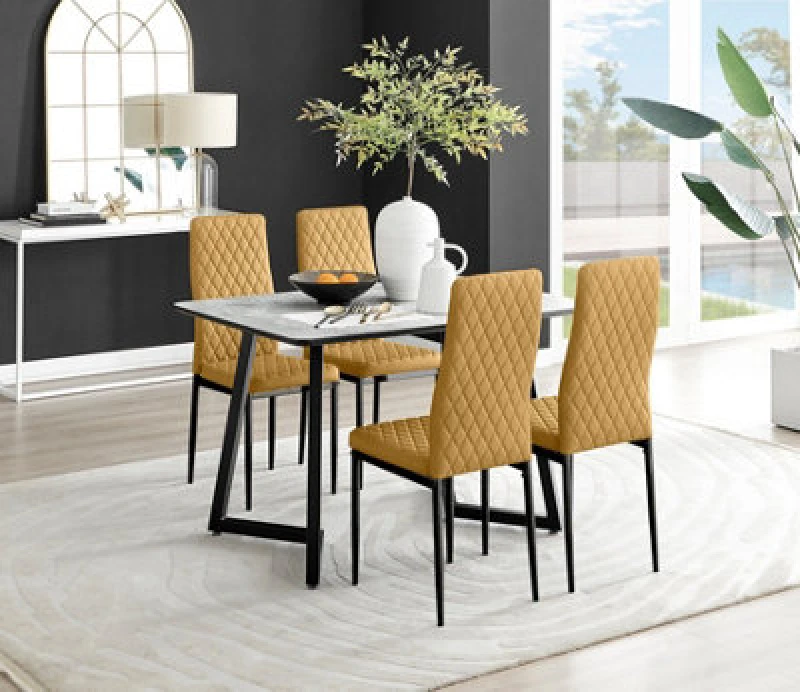 Image of FurnitureboxUK FurnitureboxUK Carson White Marble Effect Dining Table & 4 Velvet Milan Black Leg Chairs in Mustard Mustard One Size Unisex 50566571449