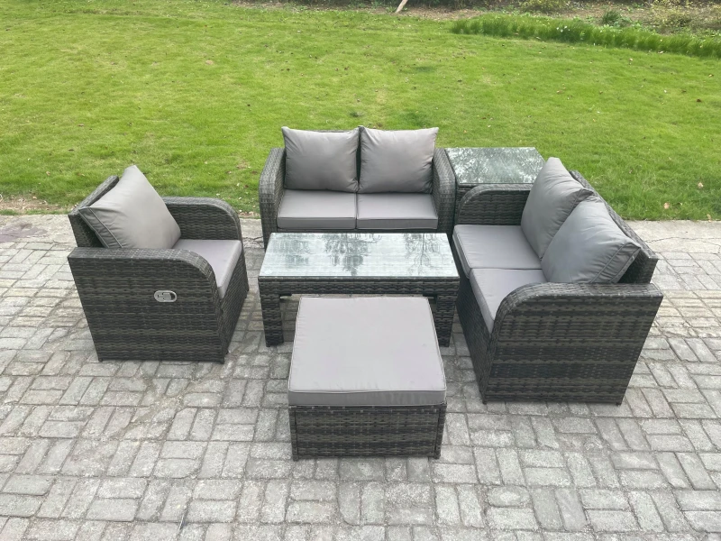 Image of Fimous 6 PCS Garden Furniture set Rattan Outdoor Lounge Sofa Table Chair With Tempered Glass Table Dark Grey Mixed Dark Grey
