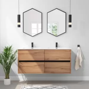 Image of 1200mm Wood Effect Wall Hung Double Vanity Unit with Basins - Roxbi