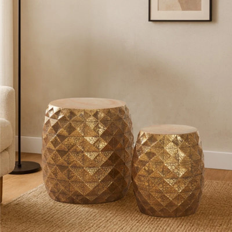 Image of Premier Housewares Interiors by Premier Reza Hammered Drum Stools Gold