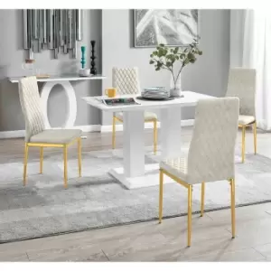 Image of Furniture Box Imperia 4 White Dining Table and 4 Cream Velvet Milan Gold Leg Chairs