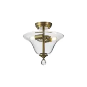 Image of Dresden 2 Light Semi Flush Ceiling Lamp E27 With Smooth Bell 30cm Glass Shade Antique Brass, Clear