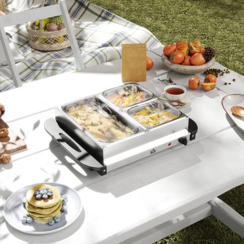 Image of HOMCOM 4.5L Electric Food Warmer Buffet Server with Lids Cool Touch Handles Silver