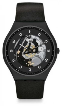 Image of Swatch White SIDE Black Leather Strap Black Skeleton Watch