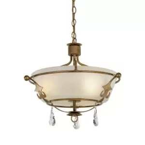 Image of 3 Bulb Semi Flush Light Metal Flourishe Crystal Droplets Gold Patina LED E14 60W