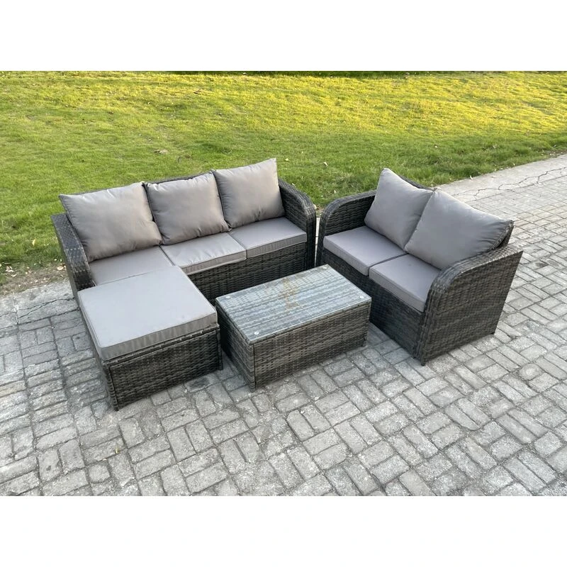 Image of Fimous 6 Seater Rattan Wicker Garden Furniture Patio Conservatory Sofa Set with Rectangular Coffee Table 3 Seater Sofa Love Sofa Big Footstool Dark Gr
