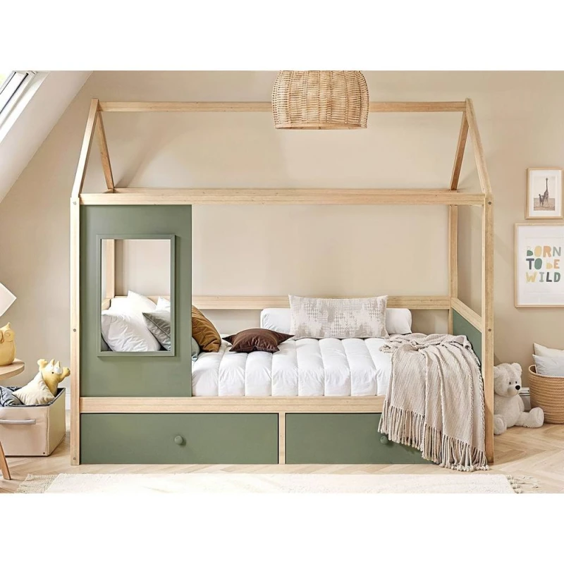 Image of Flair Ted Play House Wooden Bed with Storage in Green Size: Single Green Unisex Single