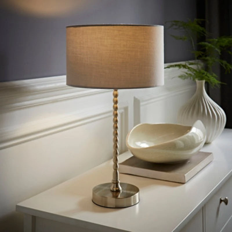 Image of ValueLights ValueLights Maeve Fabric Drum Lamp Shade Brushed Chrome Bobbin Bobble Table Lamp with Bulb in Grey Grey One Size Unisex 5059406067198