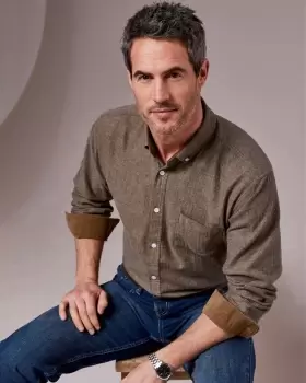 Image of Cotton Traders Mens Long Sleeve Herringbone Shirt in Beige