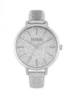Image of Missguided Missguided Silver Glitter Dial Silver Leather Strap Ladies Watch