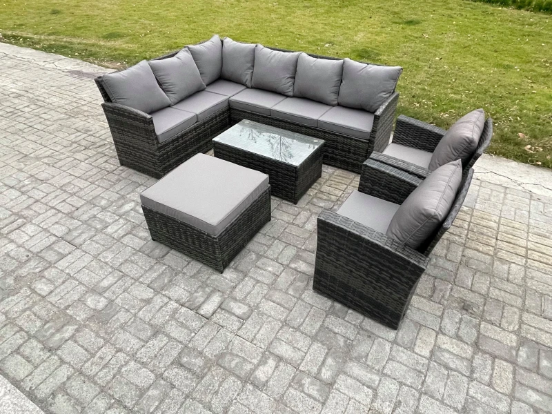 Image of Fimous 9 Seater Rattan Garden Furniture Sets High Back Corner Sofa Rectangular Coffee Table Set with Big Footstool 2 Armchairs Dark Grey Mixed Dark Gr