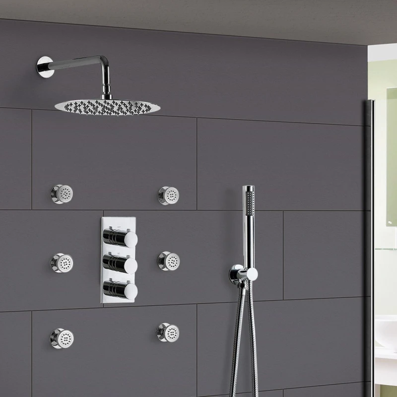 Image of Nes Home Flora 3 Dial 3 Way Round Set - Slim Shower Head, Handset & Body Jets in Silver Silver Unisex