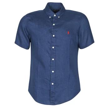 Image of Polo Ralph Lauren CHEMISE CINTREE EN LIN COL BOUTONNE LOGO PONY PLAYER mens Short sleeved Shirt in Blue - Sizes EU M,EU L