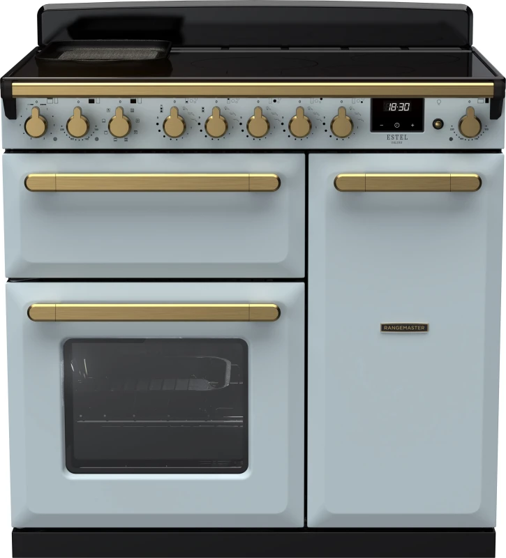 Image of Rangemaster Estel Deluxe ESDL90EIPMSB/AB1 90cm Electric Range Cooker with Induction Hob - Misty Blue / Antique Brass - A/A Rated