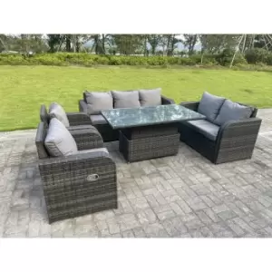 Image of Fimous 7 Seater Outdoor Dark Grey Rattan Lounge Complete Sofa Set with Adjustable Dining Table, Love Sofa, and Reclining Chairs