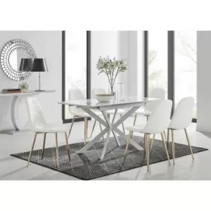 Image of Lira 120 Extending Dining Table and 6 White Corona Faux Leather Dining Chairs with Gold Legs Diamond Stitch - White