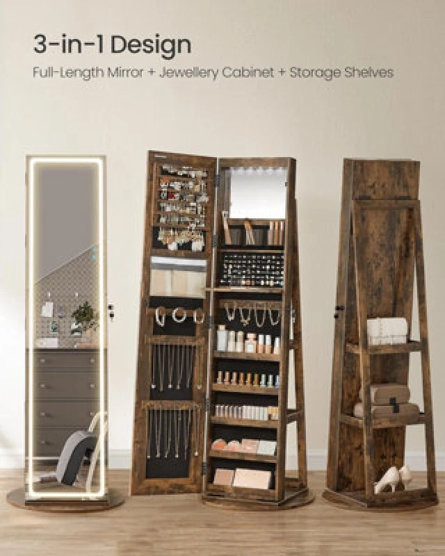 Image of Songmics Lockable Jewellery Cabinet With LED & Mirror, Standing Jewellery Armoire, Rustic Brown