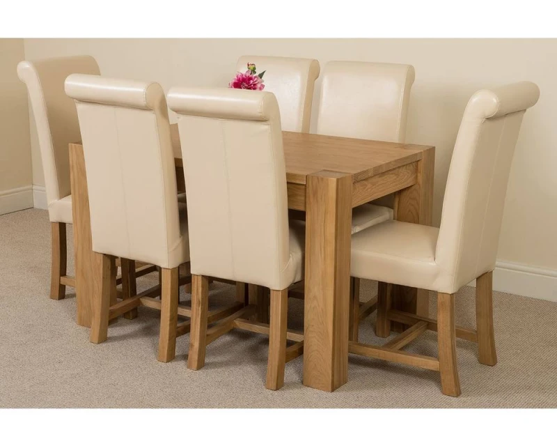 Image of Thats Furniture Kuba 125x80cm Chunky Oak Small Dining Table & 6 Washington Leather Chairs in Cream Size: 125x80cm Cream Unisex 125x80 cm