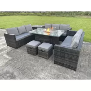 Image of Fimous 9 Seater Outdoor Dark Grey Rattan Lounge Complete Sofa Set with Gas Fire Pit, Side Table and 2 Stools