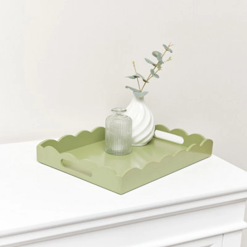 Image of Melody Maison Rectangle Olive Green Scalloped Tray Green
