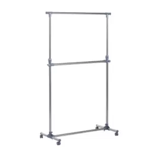 Image of HOMCOM Garment Rail, Adjustable Portable Clothes Hanging Stand, Rack Wheels - Silver