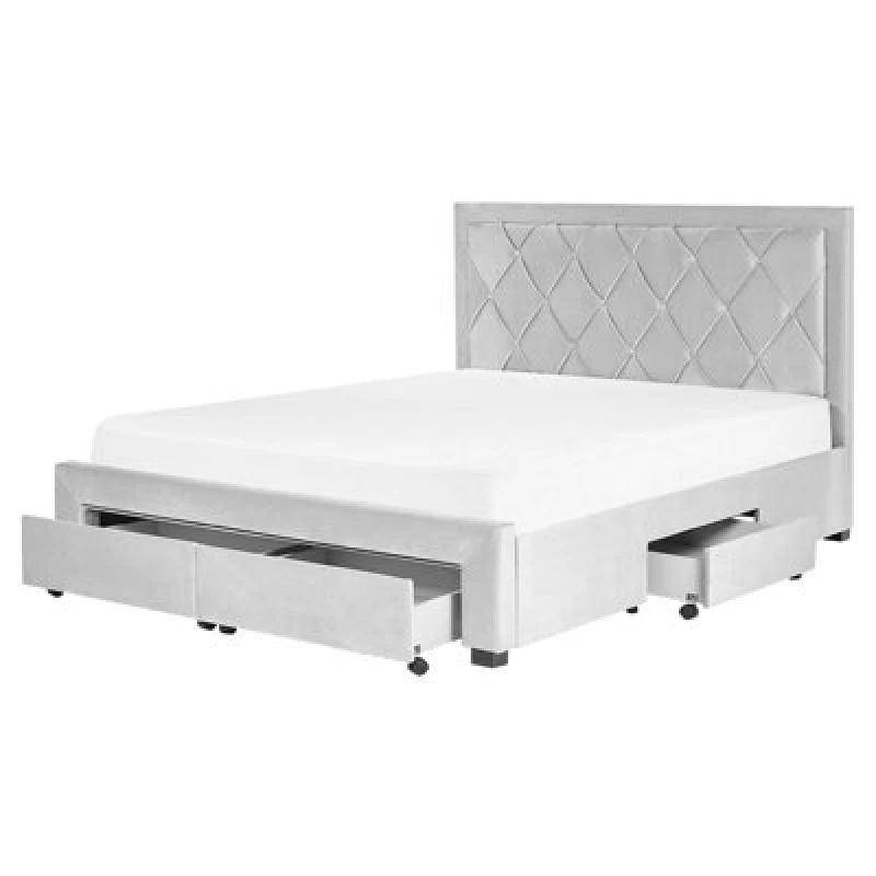 Image of Beliani Bed With Storage Drawers Velvet Lievin 160 X 200 Cm (Eu King Size) Light Grey