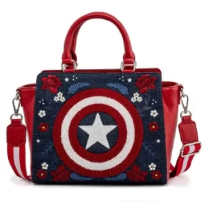 Image of Loungefly Marvel Captain America 80th Anniversary Floral Sheild Cross Body Bag