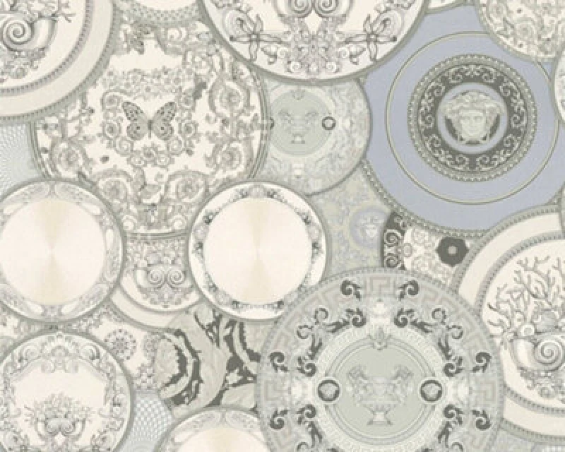 Image of As Creation Versace Greek Grey White Metallic Plates Wallpaper 349013