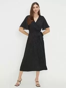 Image of Dorothy Perkins Spot Print Pleated Wrap Midi Dress - Mono, Multi, Size 10, Women
