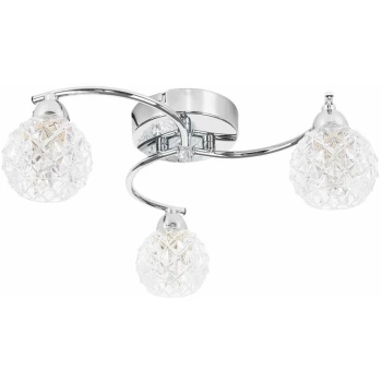 Image of 3 Way Arm Chrome Flush Ceiling Light + Diamond Cut Glass Globe Shades - No Bulbs