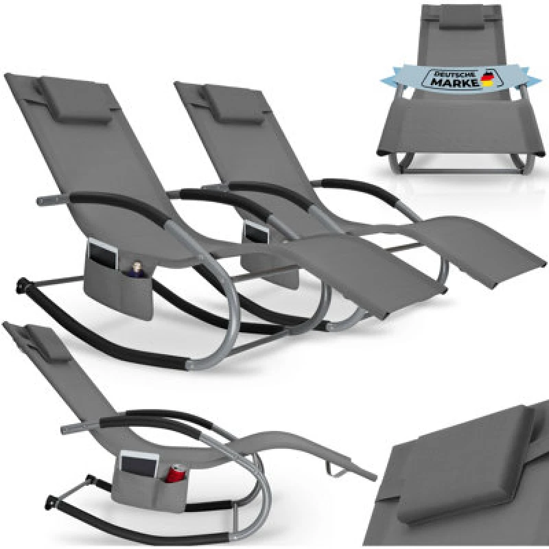 Image of Tectake Set Of 2 Sun Lounger Taya With A Modern Design, Rocking Function And Breathable Surface - Grey